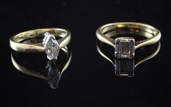 Two 18ct gold and solitaire diamond rings, sizes J & N.